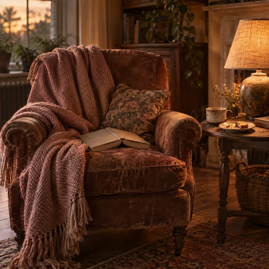 A worn armchair with a soft throw and an open book left face-down on the seat, a warm lamp and a plate with a half-eaten biscuit on the side table