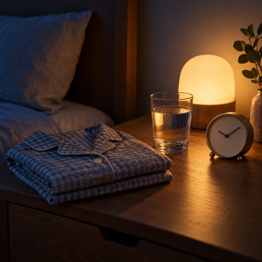 A tidy bedside scene at night: folded pyjamas, a glass of water, a small alarm clock and a nightlight casting a low warm glow