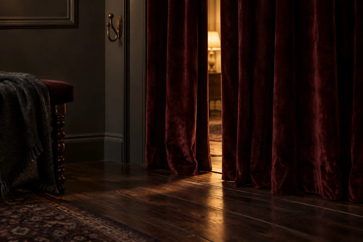 A heavy oxblood velvet curtain half open on a brass rail, warm light spilling through the gap onto dark walnut floorboards, a single brass hook on the wall