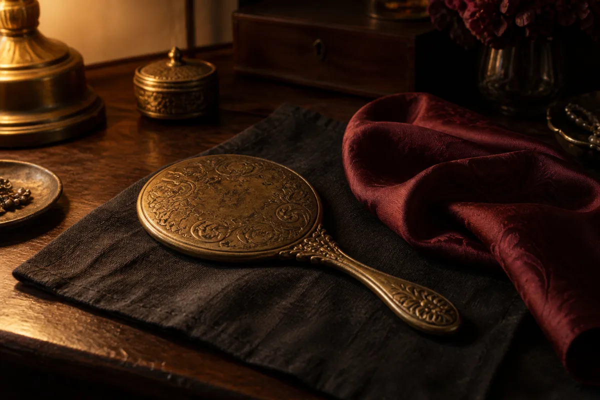 An antique brass hand mirror lying face down on dark linen beside a folded oxblood silk scarf, warm raking light from the left