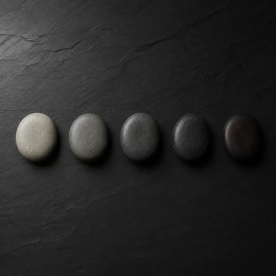 Five smooth river stones in a row on black slate, graded from pale grey to near-black