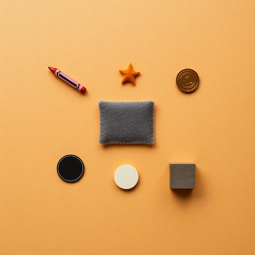 A typology grid on kraft paper of small comfort objects photographed from above — a crayon, a soft star, a pacifier-shaped charm, a folded blanket square, a sticker — each a different doorway into the same calm state, museum daylight, no people