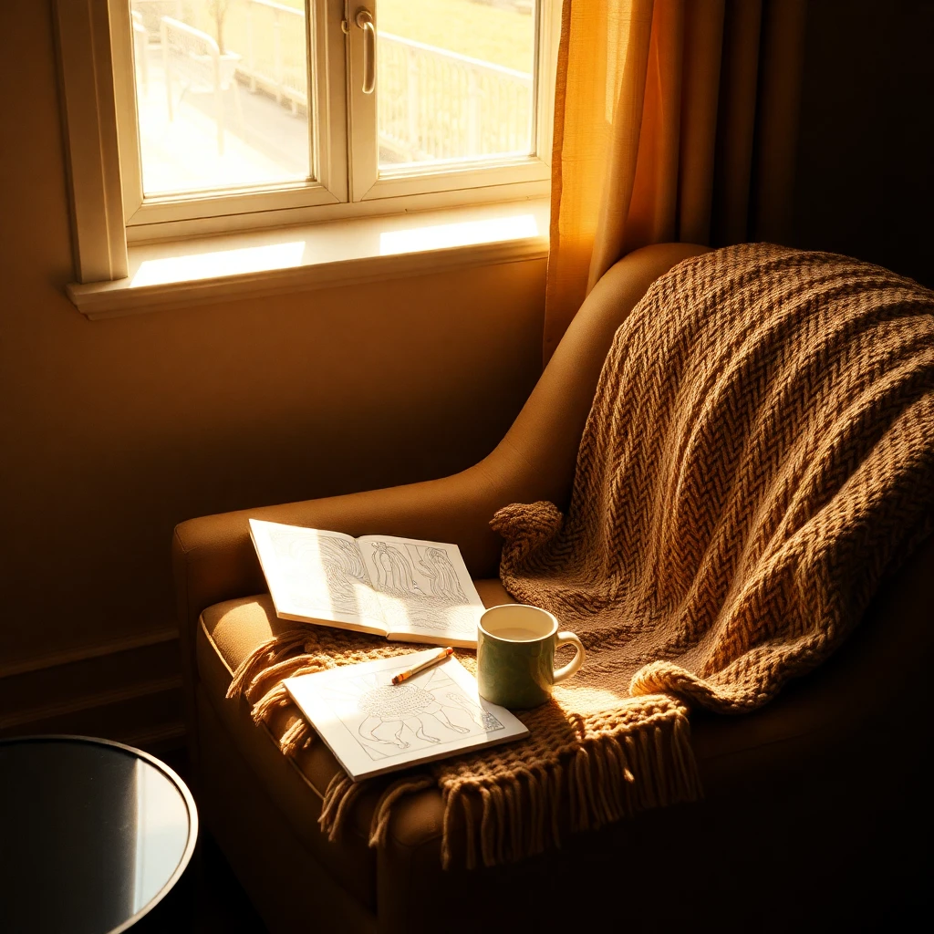 A quiet sunlit corner at late afternoon: a soft armchair with a knitted blanket, an open coloring book and crayons on the seat, and a warm mug on a side table, golden window light, the calm settled feeling of easing back out, no people