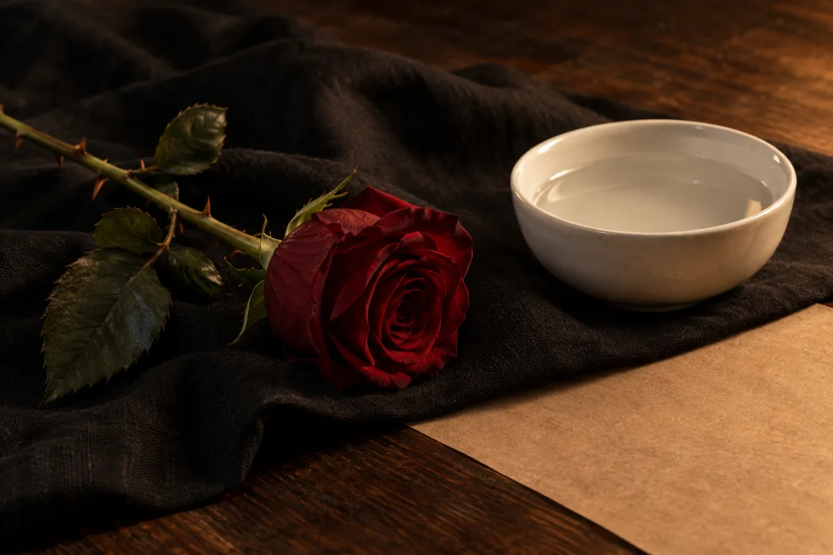 A single oxblood rose with a thorny stem on black linen, a pearl-white ceramic dish of water beside it