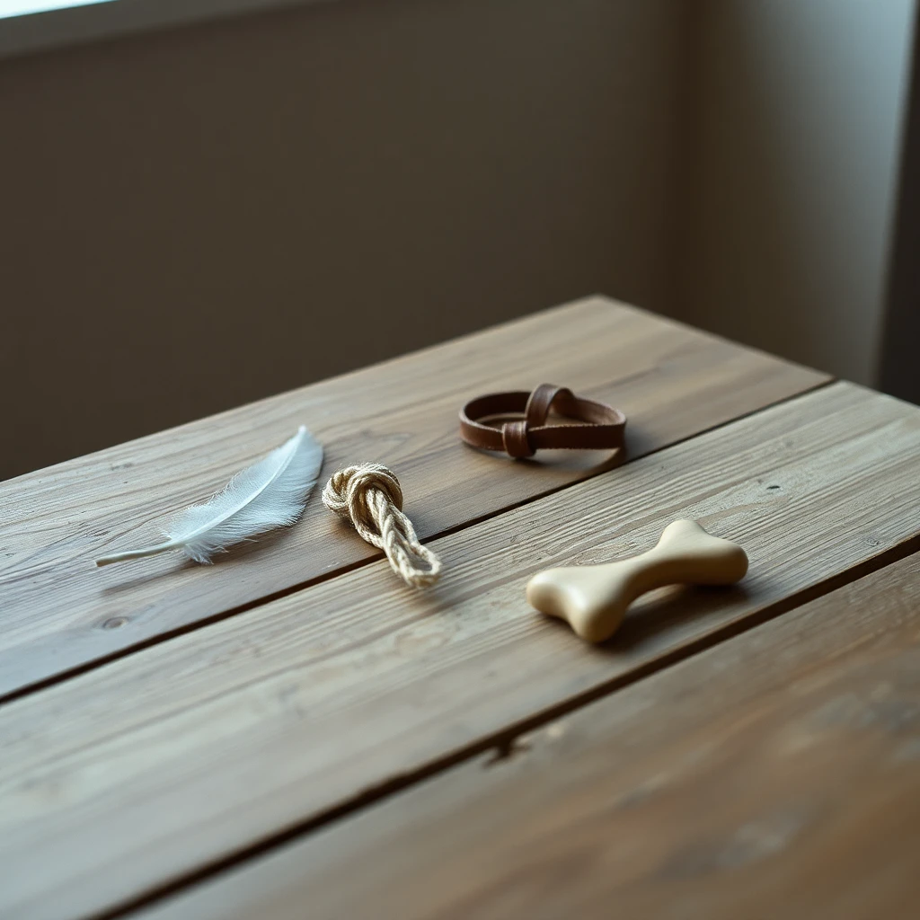 A feather, a knotted piece of rope, a small leather strap, and a bone-shaped object arranged loosely on a weathered wooden table, soft window light, shot on 35mm film