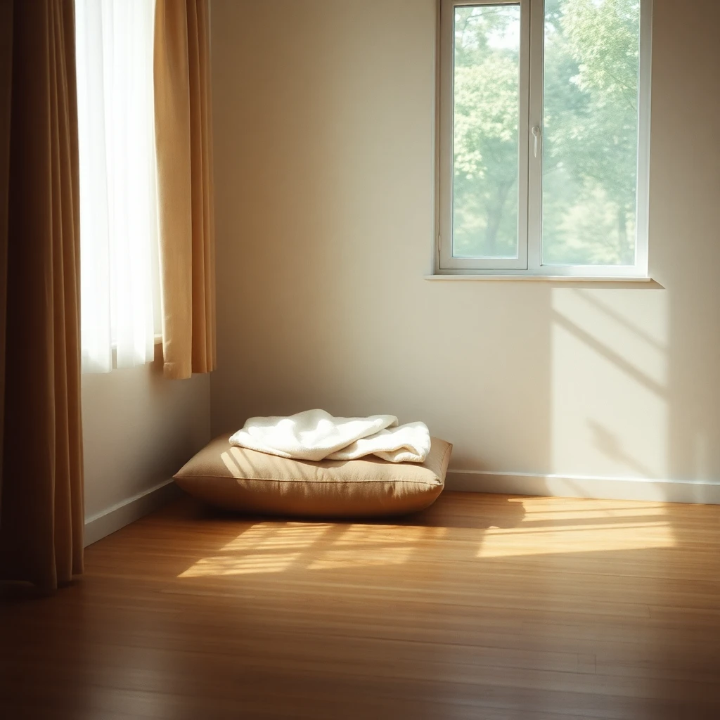 A folded blanket on a low cushion in a quiet sunlit corner of a room, dappled afternoon light through a curtained window, no people in frame, shot on 35mm film
