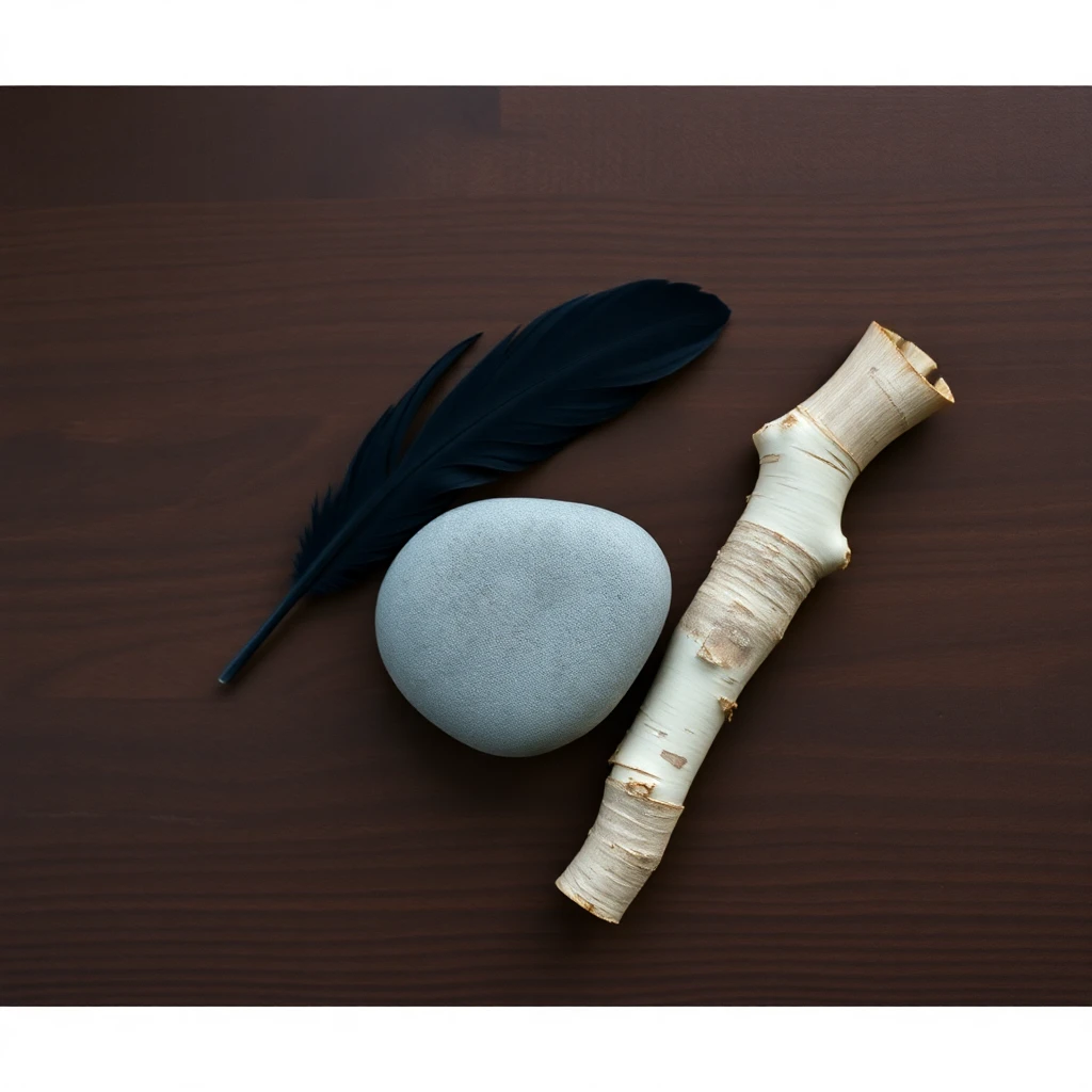 A smooth gray river stone, a single dark feather, and a piece of curled birch bark on dark walnut wood, soft window light from the left