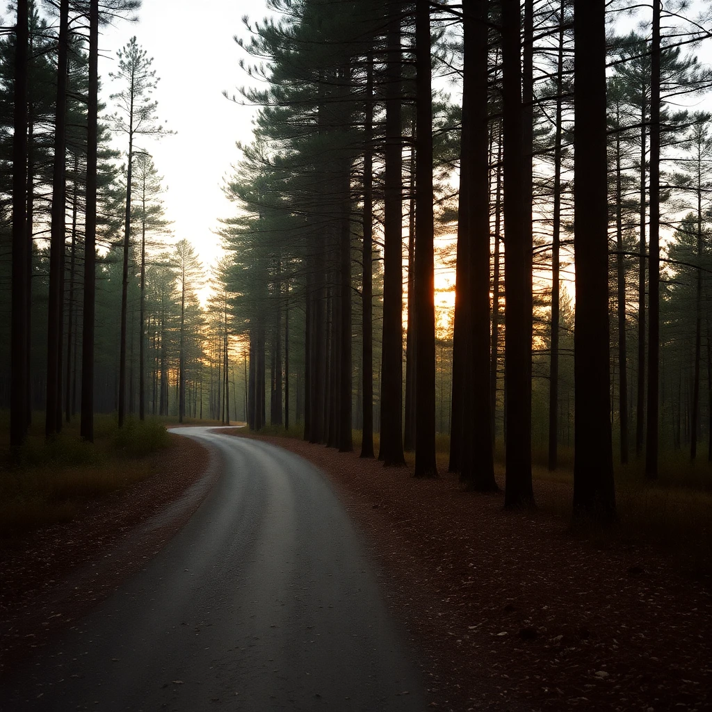 Empty narrow dirt path winding through tall pine trees at golden hour, late autumn, fallen pine needles on path