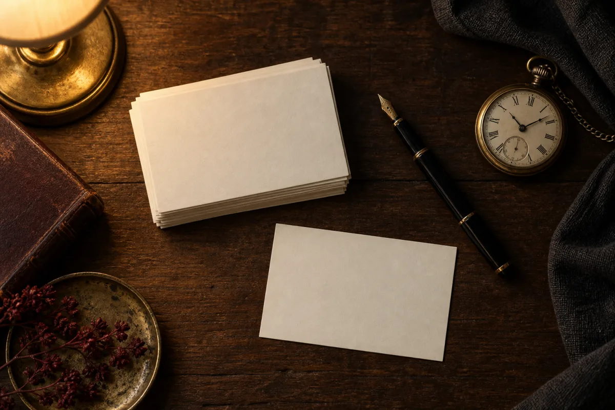 Overhead on dark walnut: a stack of blank unlabelled index cards, a fountain pen and a brass pocket watch, one card turned face down apart from the stack