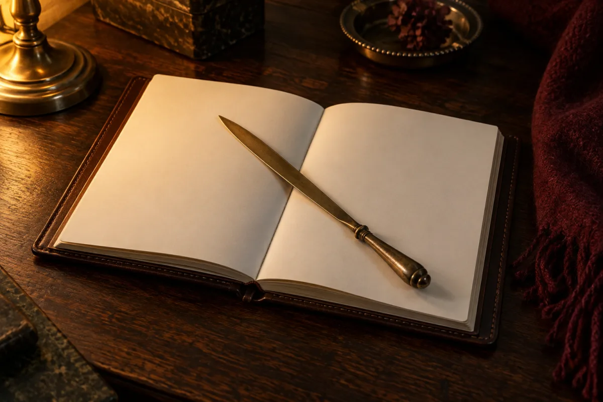 An open leather-bound notebook with blank pages on dark walnut, a brass letter opener laid across it, an oxblood wool throw at the edge of frame