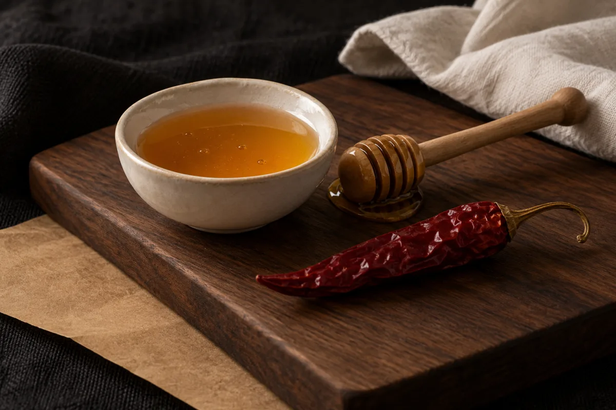 A white dish of honey with a wooden dipper beside a single dried red chili pepper on a walnut board in warm lamplight