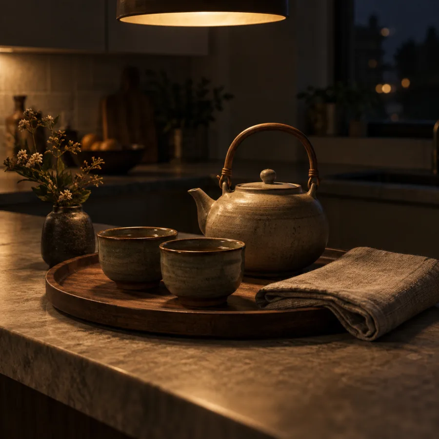 A kitchen counter at night: a teapot, two cups set out on a tray and a folded cloth, all arranged with deliberate care under a single warm overhead light