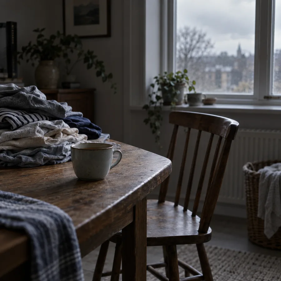 An empty chair pushed back from a table holding a cold untouched cup of tea and a stack of unfolded laundry, grey late-afternoon light
