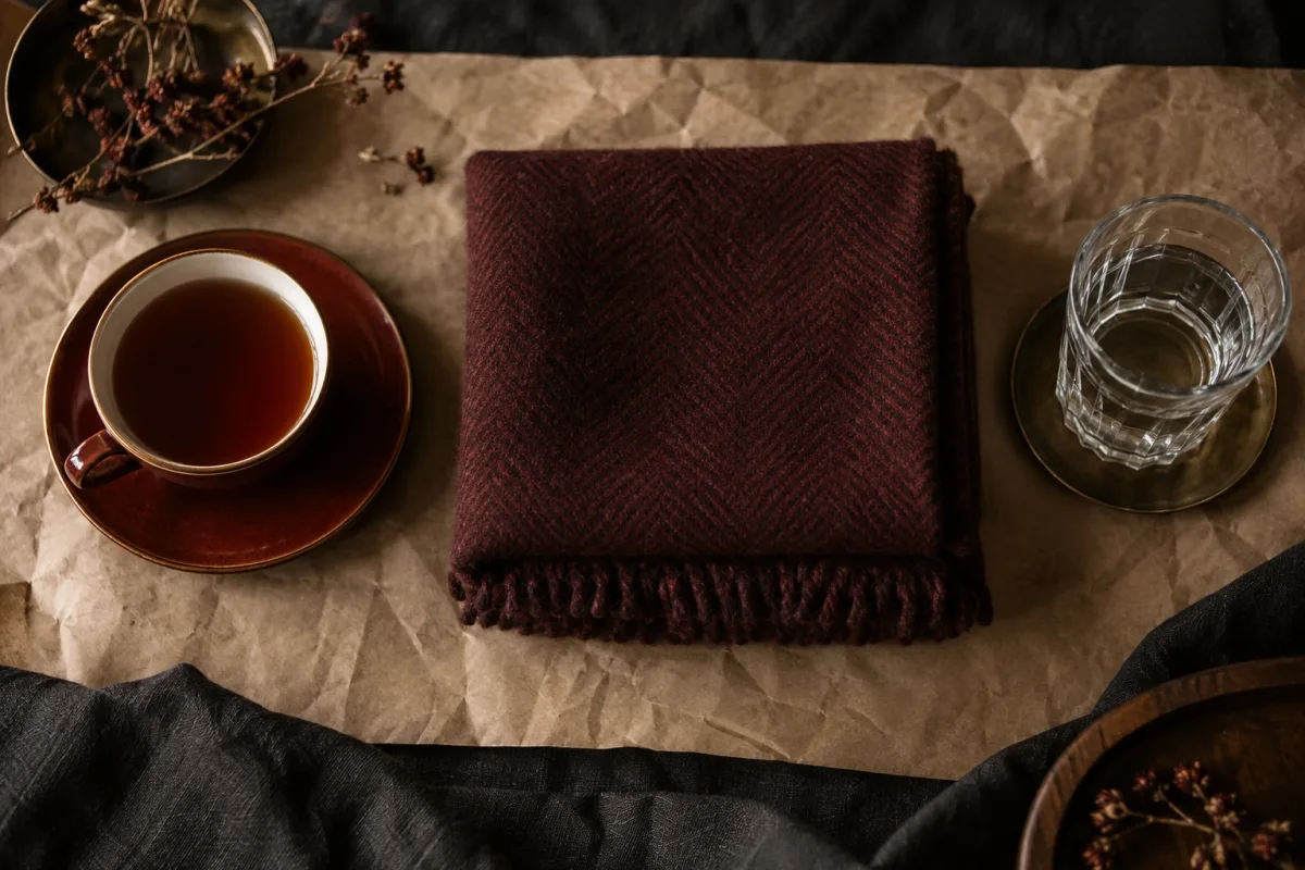 Overhead on kraft paper: a cup of tea, a folded blanket square and a glass of water in a considered row on black linen