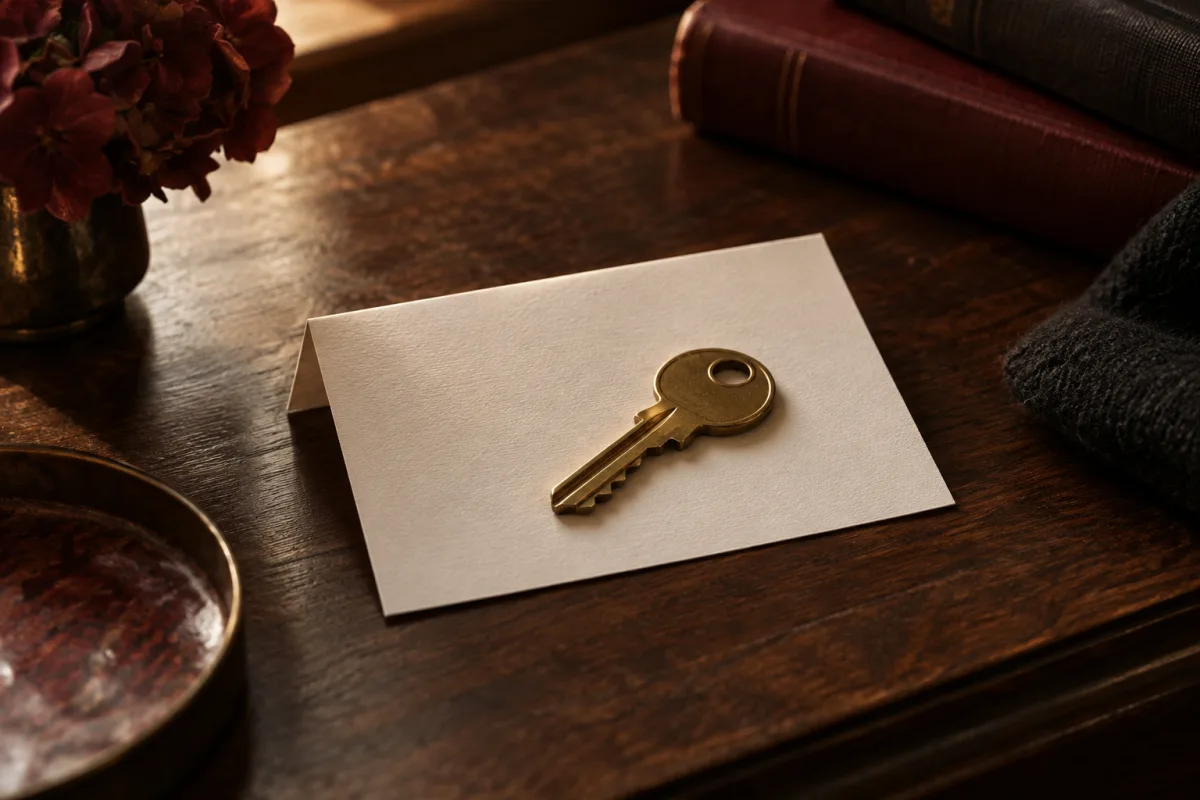 A single brass key resting on a folded card on walnut, warm side light, quiet and deliberate