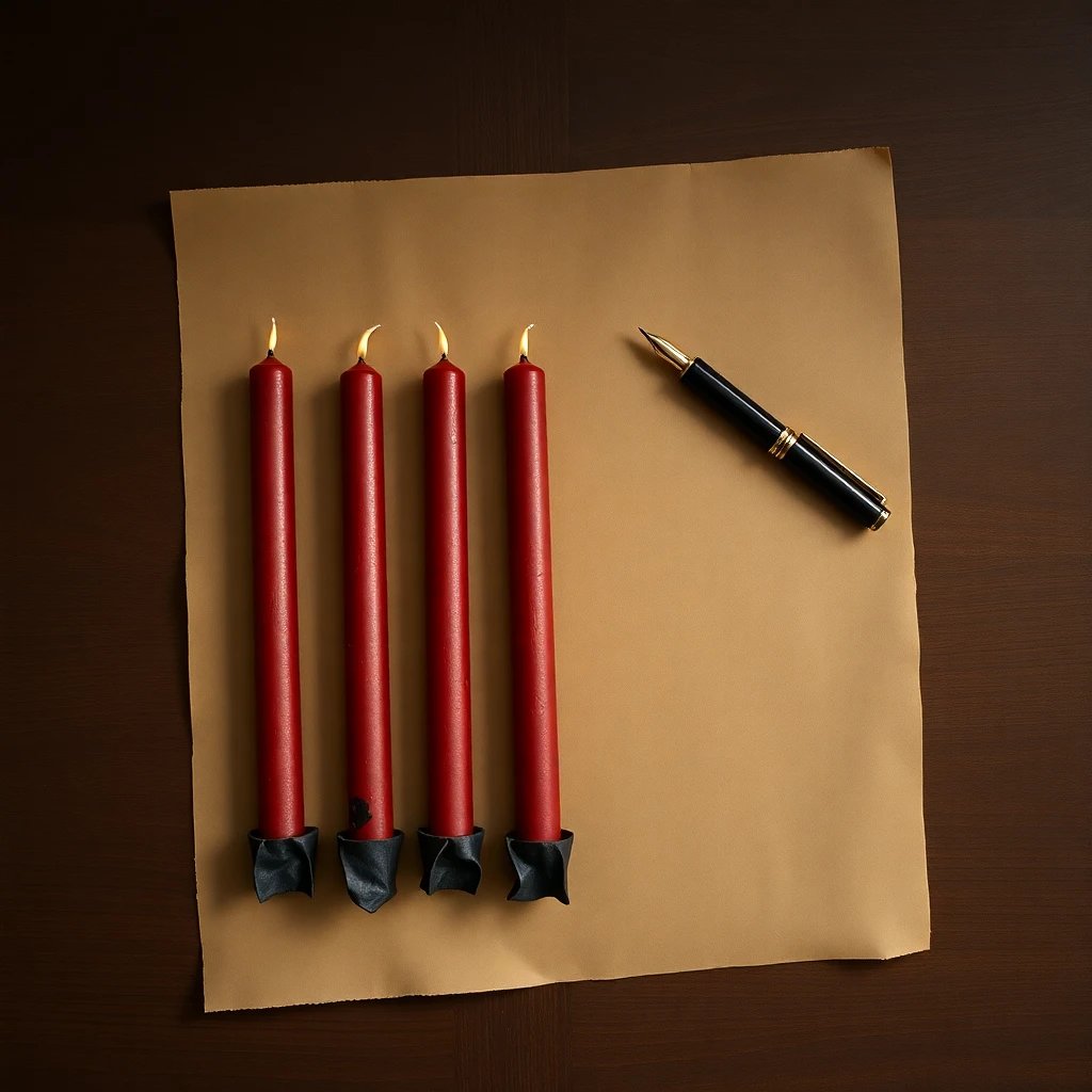 Four antique taper candles of different lengths laid side by side on kraft paper over walnut wood, fountain pen for scale