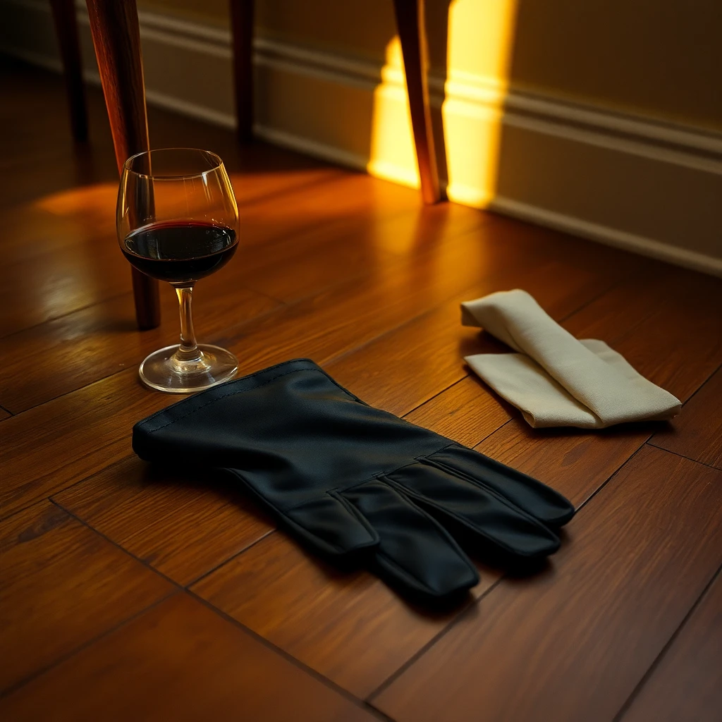 Single oversized black leather glove on aged hardwood floor beside half-filled glass of red wine, late golden-hour light, bentwood chair leg visible