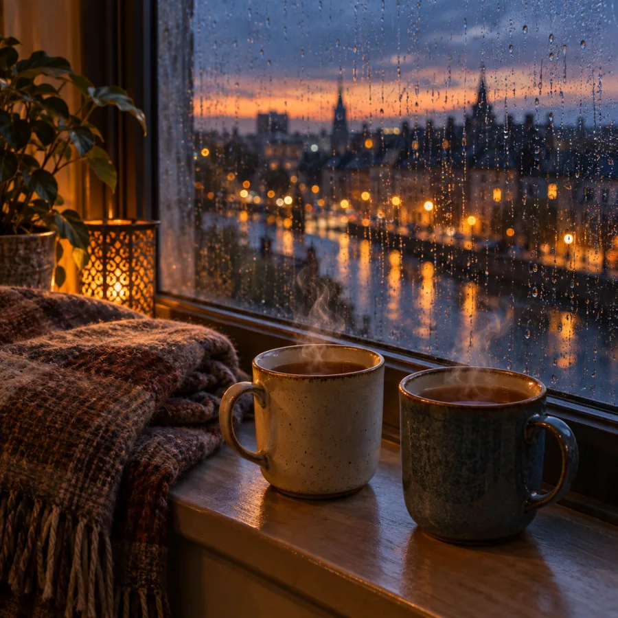 Two mugs of tea steaming on a windowsill at dusk, a folded wool blanket beside them, rain on the glass and soft streetlights beyond