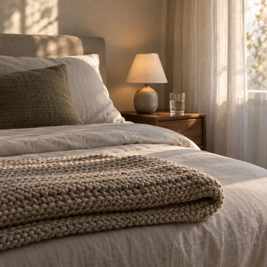 A hand-knitted blanket folded at the foot of a made bed, a glass of water and a small lamp on the nightstand, early morning light through linen curtains