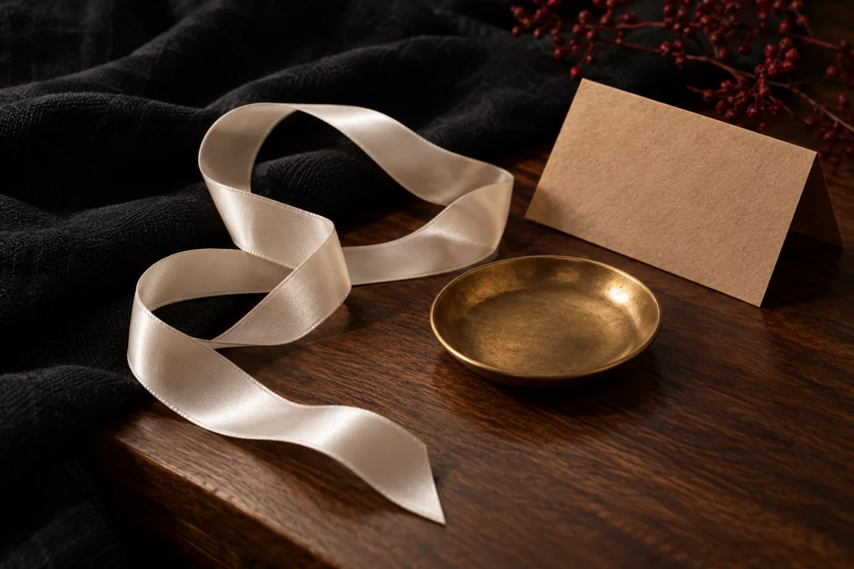 A loosely untied pearl-white satin ribbon beside a small brass dish and a folded blank kraft paper card on dark walnut in warm lamplight