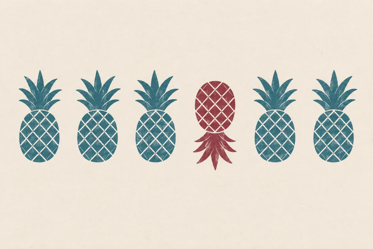 A row of six flat risograph pineapple shapes on cream paper, five in teal and one in oxblood