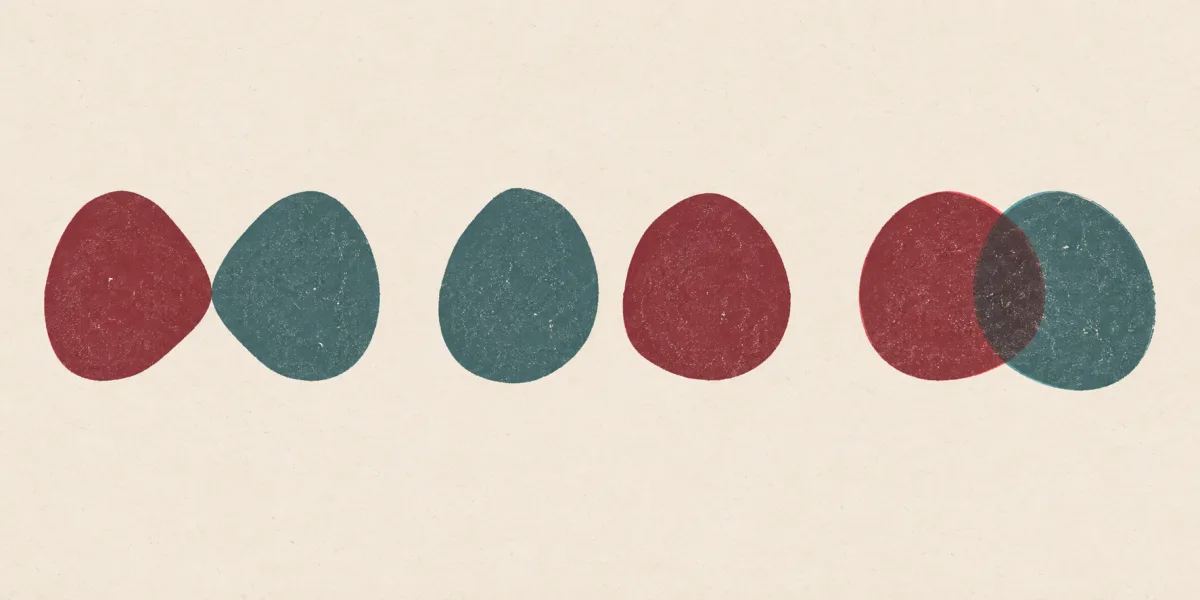 Three pairs of simple risograph shapes side by side: one pair touching, one with a gap, one overlapping