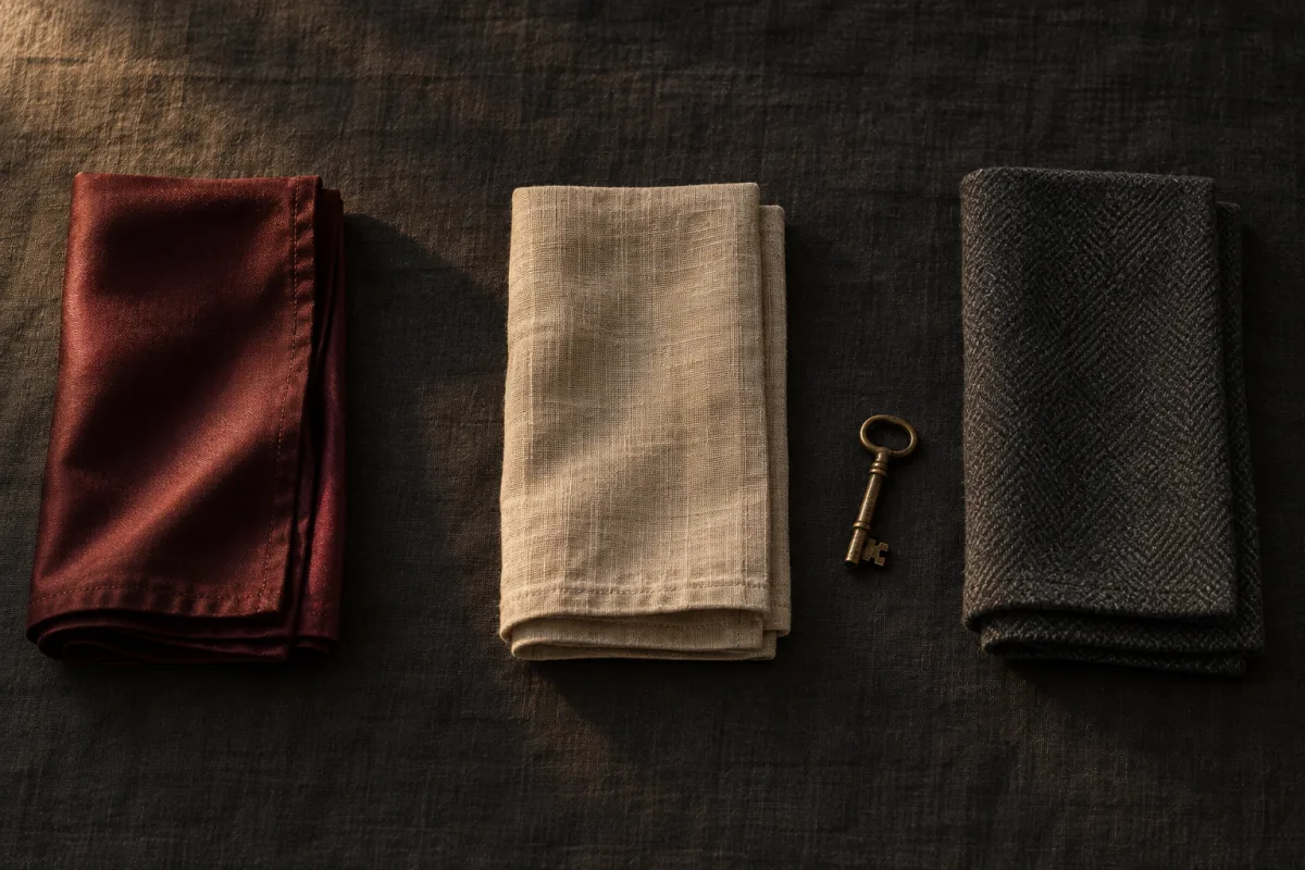 Overhead on dark linen: three folded napkins in different fabrics — oxblood silk, natural linen, dark grey wool — laid in a row with uneven gaps, a small aged brass key beside them