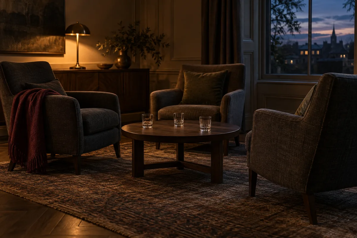 Three armchairs in a warm lamplit room angled loosely toward one another, one turned slightly outward, an oxblood blanket over an arm, three glasses on a low walnut table
