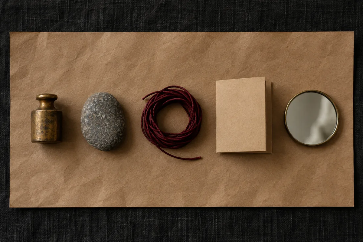 Five small objects laid in a row on kraft paper — a brass weight, a smooth stone, a coil of silk cord, a folded card and a small mirror — each different in weight and texture