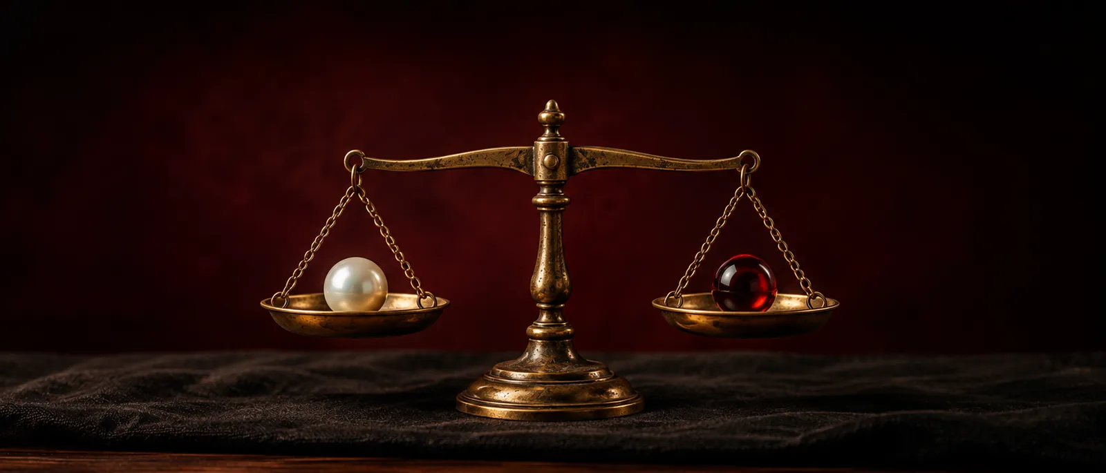 A small antique brass balance scale on black linen, a pearl in one pan and a wine-red glass sphere in the other, level in warm lamplight