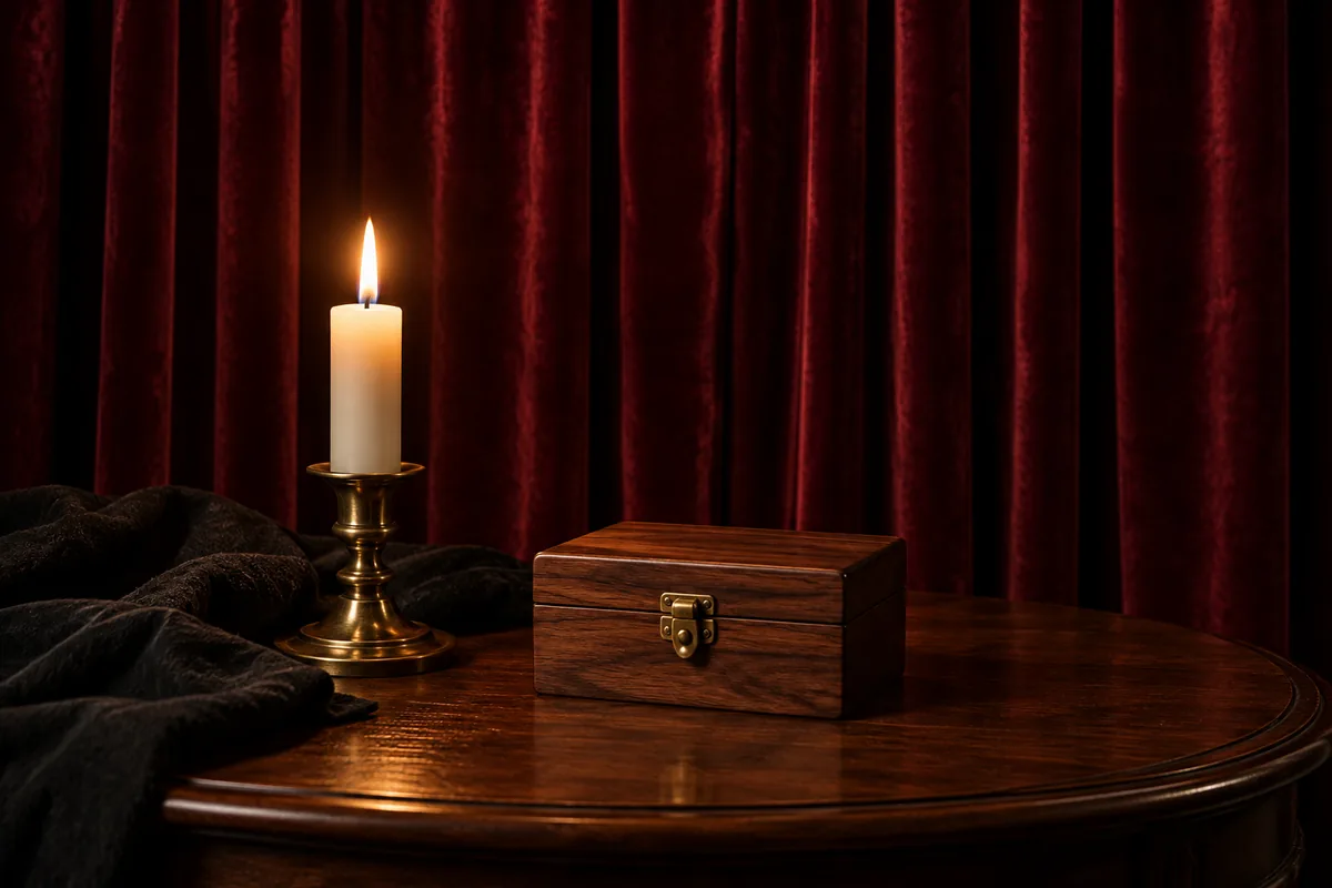 A closed walnut box with a small brass latch on a table beside a lit pearl-white candle, in front of a drawn wine-red velvet curtain