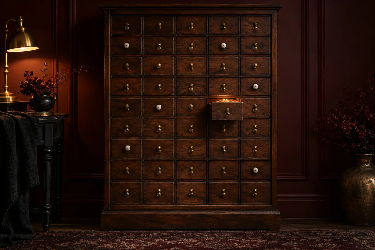 A tall walnut cabinet of many small drawers with brass pulls, one drawer slightly open with a warm glow inside