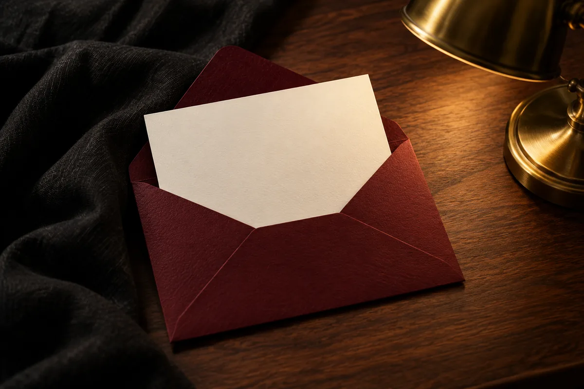 A blank pearl-white card drawn halfway out of a wine-red envelope on a walnut desk beside a brass lamp
