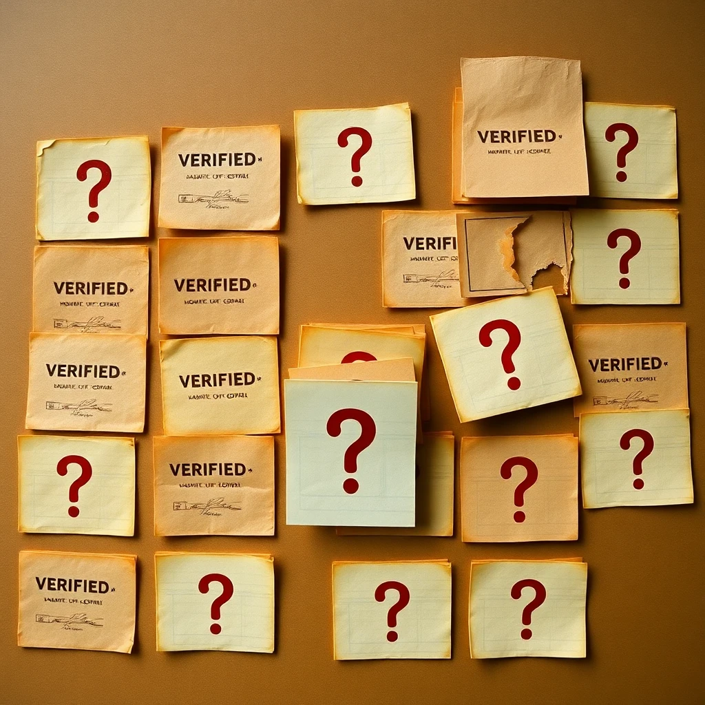 A typology grid on kraft paper of small index cards, several stamped "VERIFIED" in faded copper ink and several stamped with a question mark, the proportion roughly even, museum daylight from one side