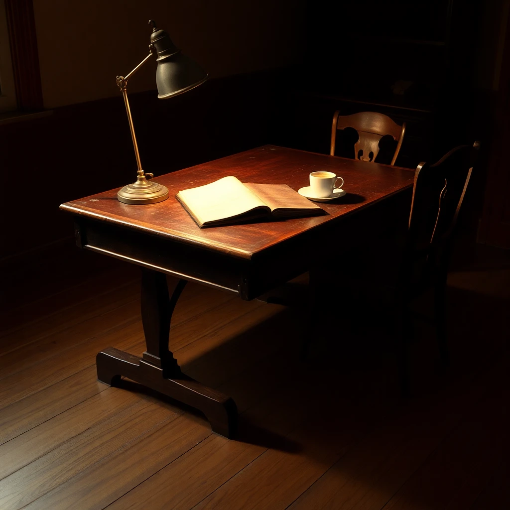 A quiet oxblood-toned interior at dusk: an old wooden desk with a single lamp lit, a closed ledger and a cold cup of coffee, long shadows, the feeling of a place that was busy decades ago and has quieted since