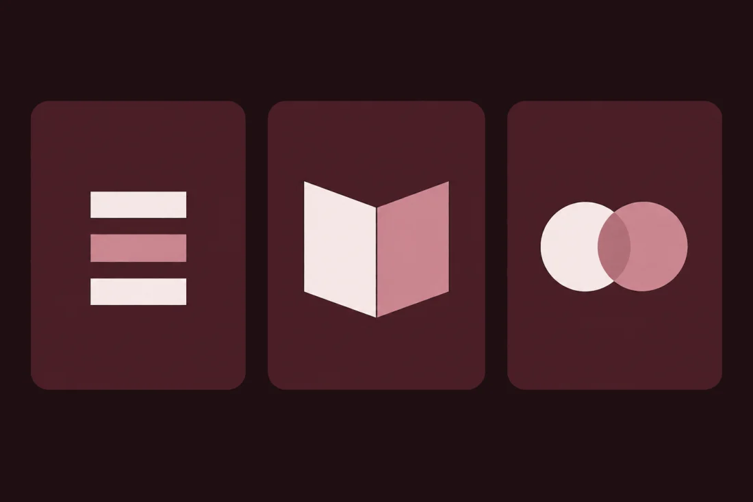 Flat illustration: three separate dark panels side by side, holding a stack of task bars, an open book, and two overlapping circles