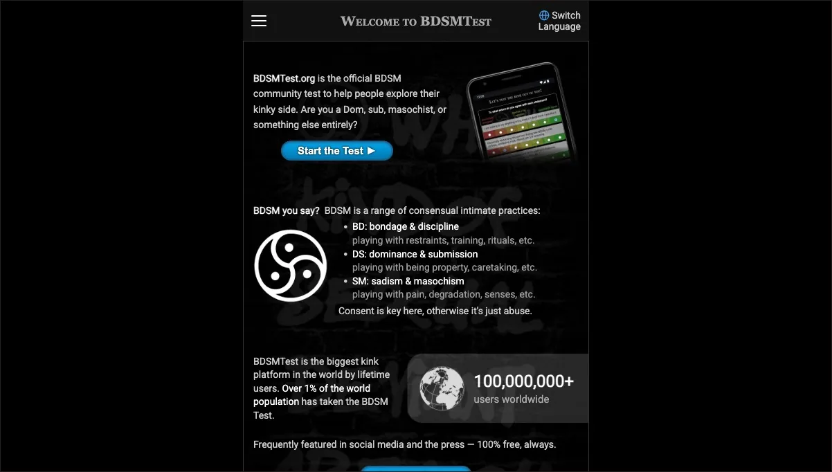 Screenshot of the bdsmtest.org homepage: a dark page headed "Welcome to BDSMTest" with an intro, a Start the Test button, a BD/DS/SM breakdown, and a "100,000,000+ users worldwide" badge