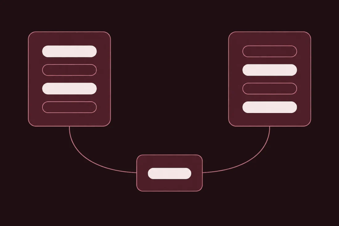 Flat illustration: two separate panels each holding a list with different items marked, both curving down into one small panel holding a single shared item