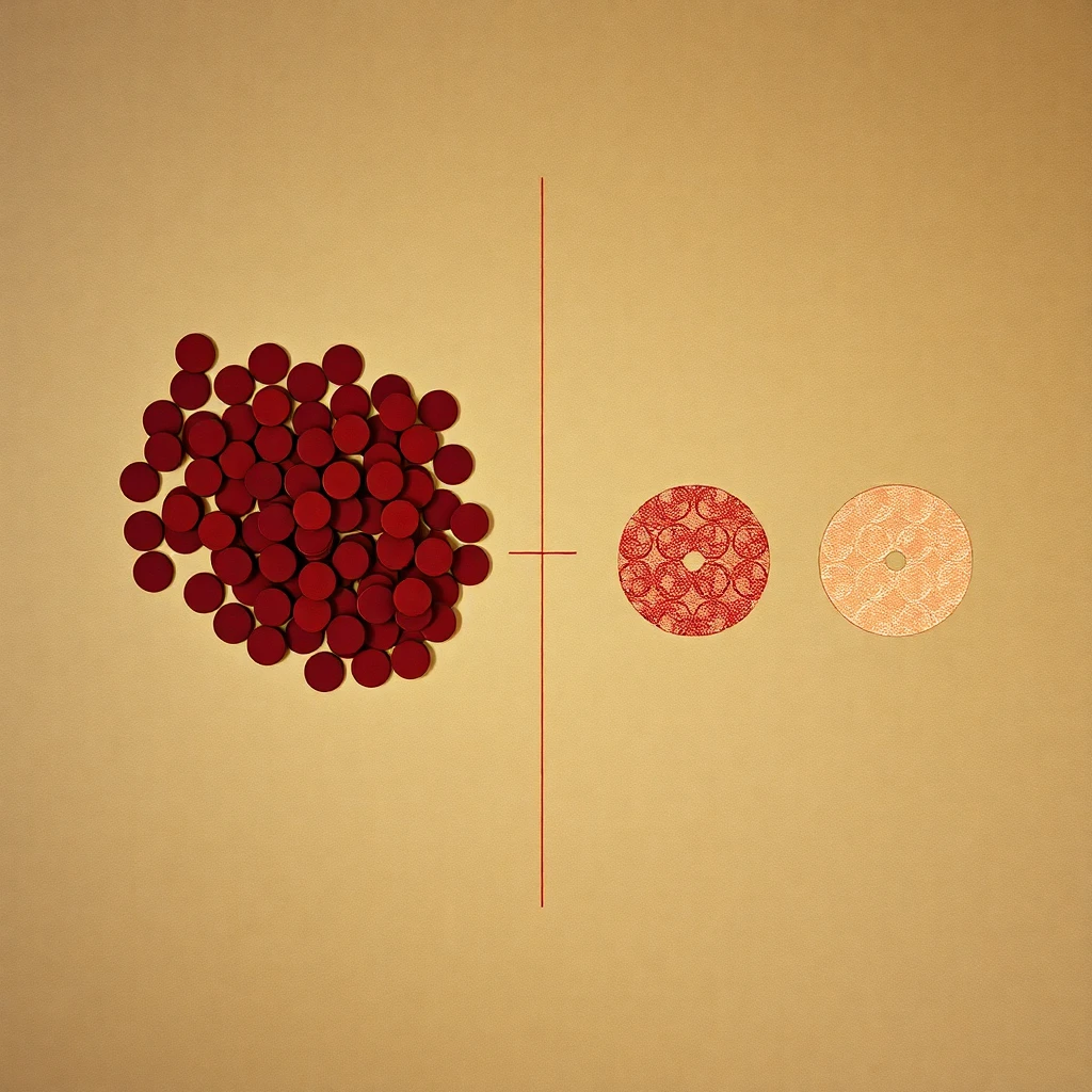 A typology grid on kraft paper of small letterpress cards: on the left a dense cluster of overlapping circles in oxblood ink labelled "community," on the right two single linked circles in copper labelled "connection," the contrast clear and deliberate