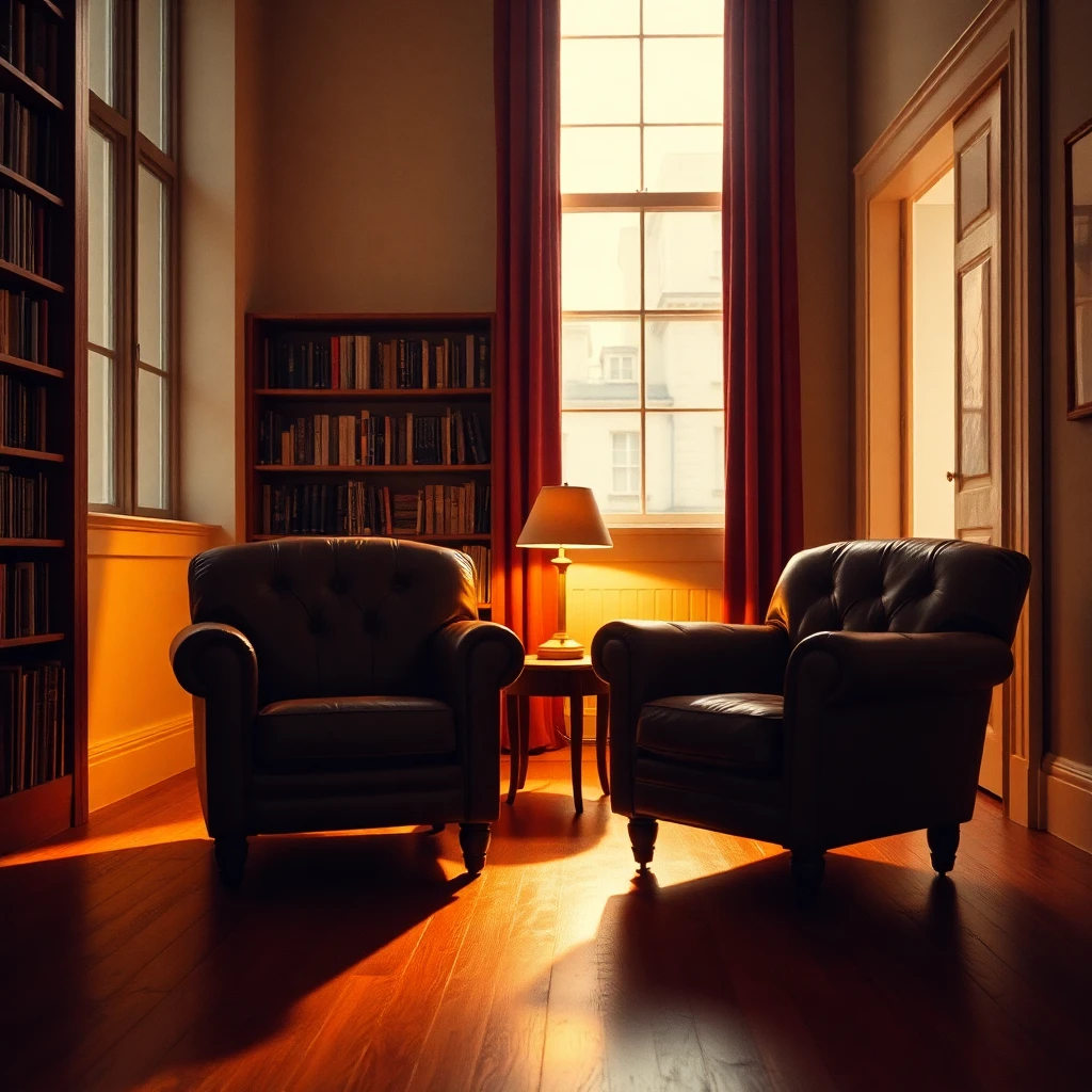 A quiet oxblood-toned interior at dusk: two worn armchairs angled toward each other near a window, one facing a bookshelf-lined wall and one facing an open doorway, warm low light, the sense of two different ways to spend an evening