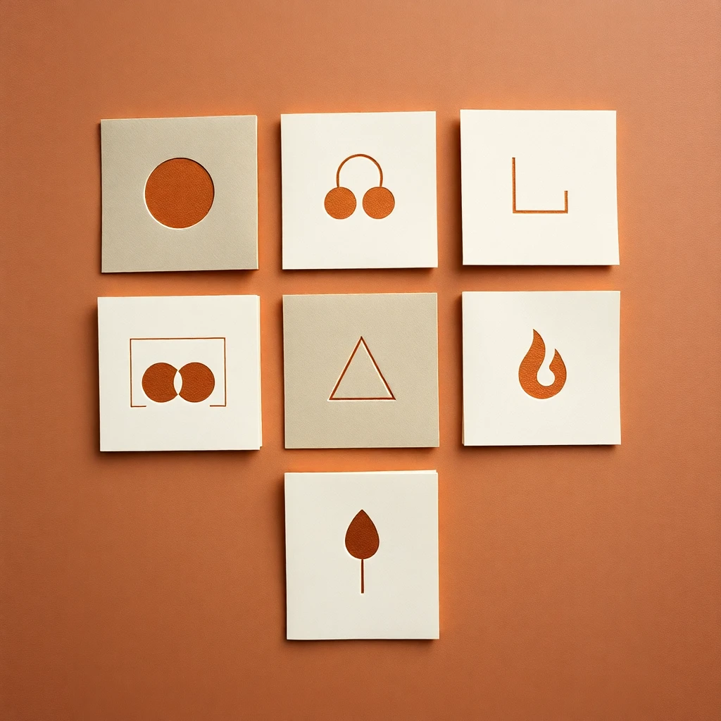 A typology grid of small letterpress cards on warm kraft paper, each embossed in copper with a different simple symbol — a circle, two overlapping circles, a triangle, a flame — suggesting a spectrum of identities rather than a single default