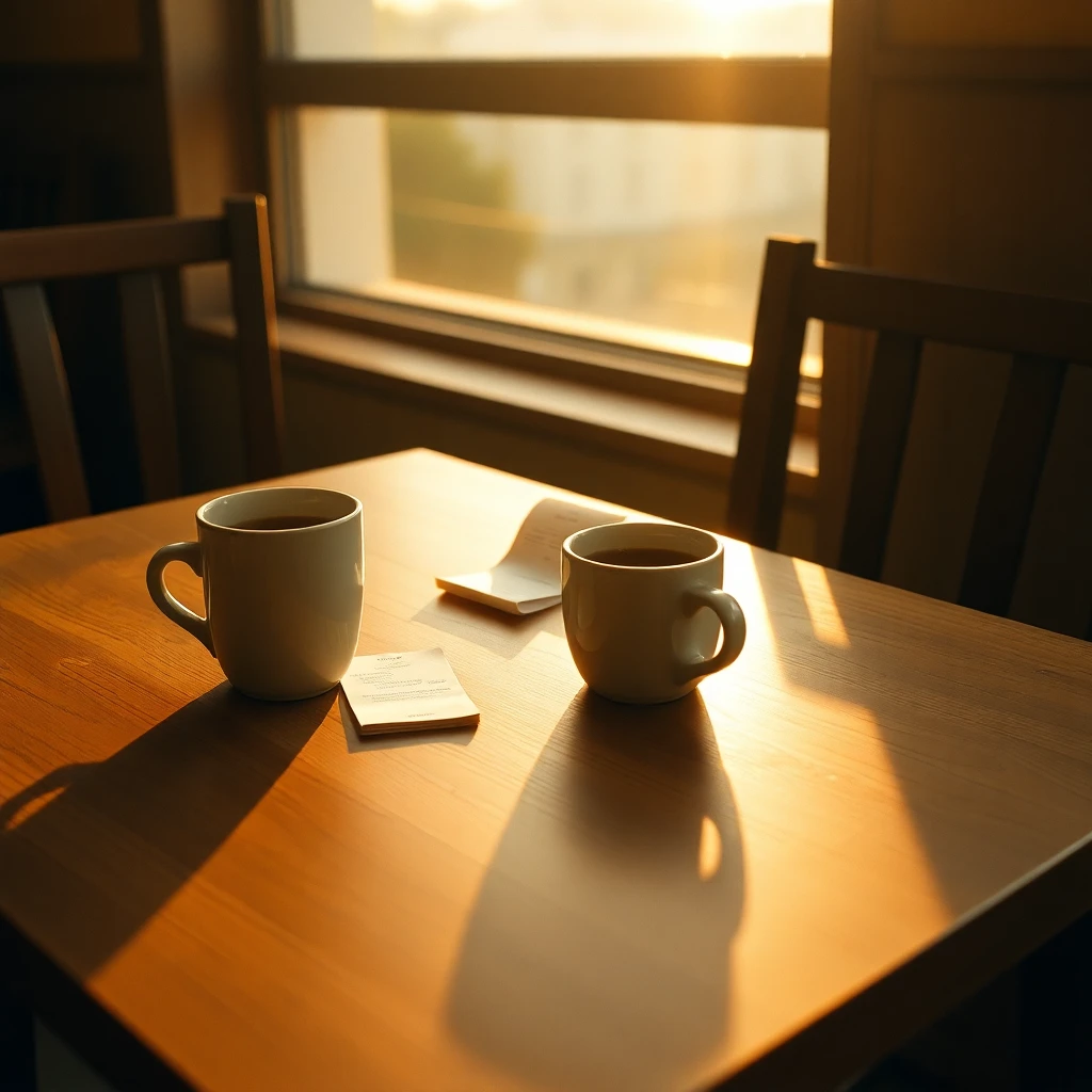 A quiet, intimate oxblood-toned image: two ceramic cups on a worn wooden table near a window, one half-full, the warm light of an unhurried conversation just ended