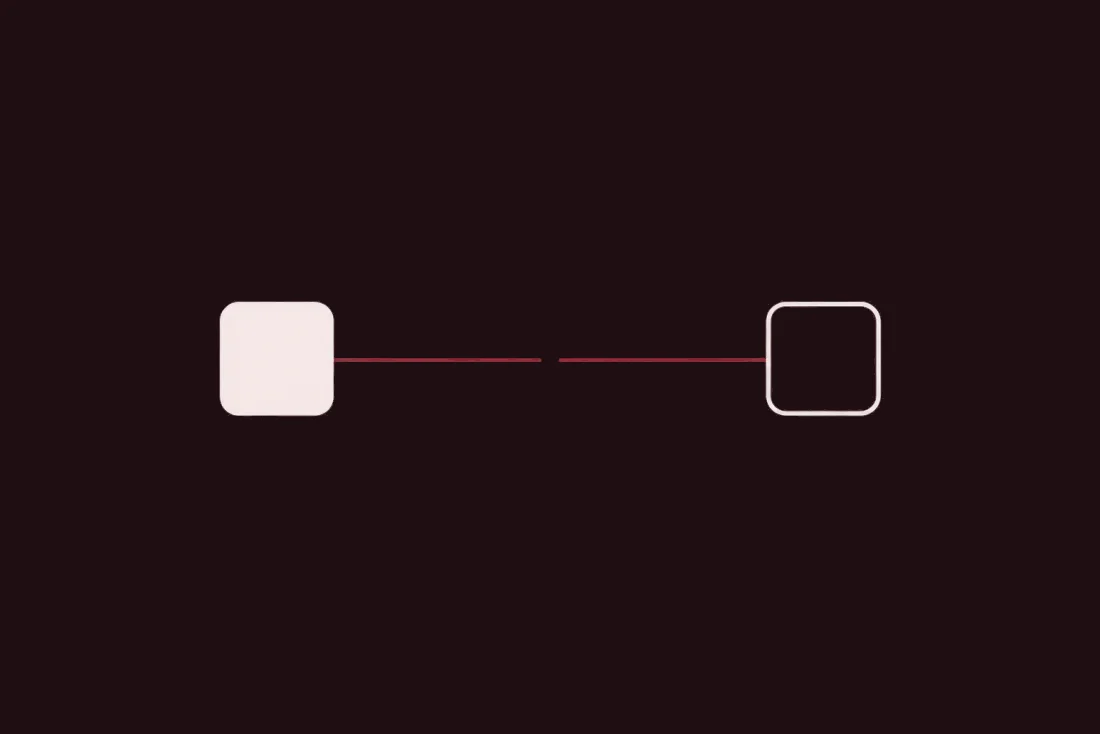 Flat illustration: two identical rounded tokens, one solid and one hollow outline, with a connecting line that breaks in the middle
