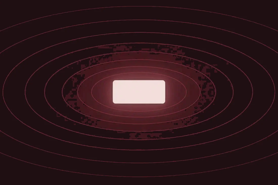 Flat illustration: a single glowing profile card on an open dark plane, with faint rings spreading outward to the edges of the frame
