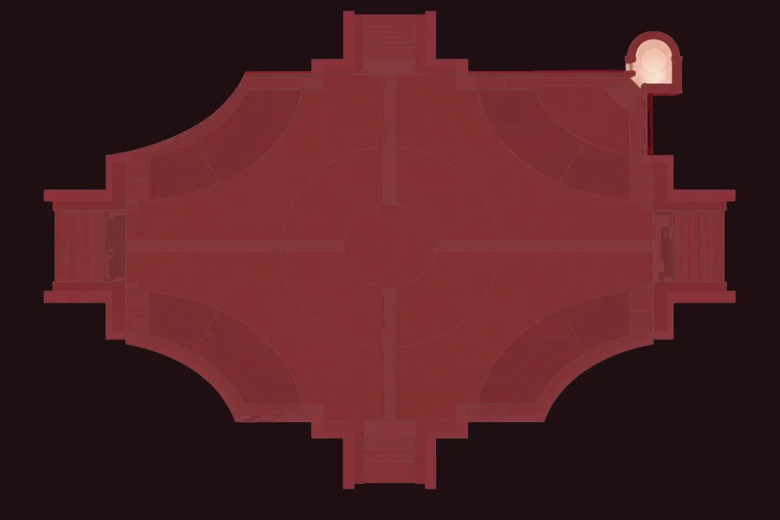 Flat architectural illustration: a wide open dark plaza with a single small warm-lit alcove at one edge, showing the contrast in scale
