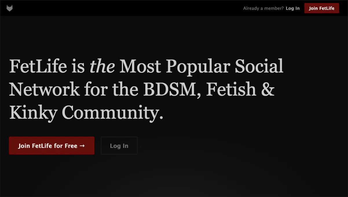 Screenshot of the FetLife homepage: a dark landing page introducing FetLife as a social network for the kink, fetish, and BDSM community, with sign-up fields