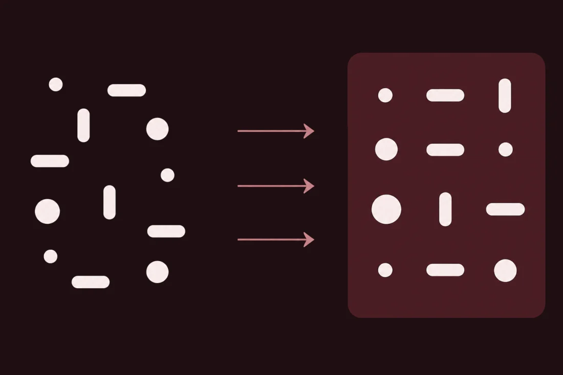 Flat illustration: a scattered irregular cluster of small shapes on the left, arrows pointing right, the same shapes arranged into a strict grid inside a panel on the right