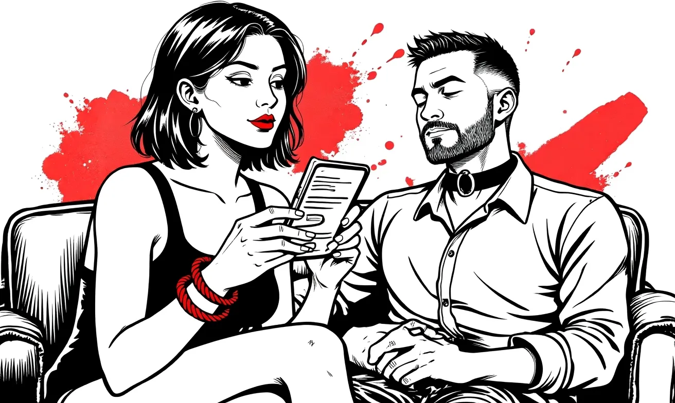 Black-and-white-and-red ink illustration of a day-after check-in moment — one partner composing a text message thoughtfully, the other in soft focus in the background.