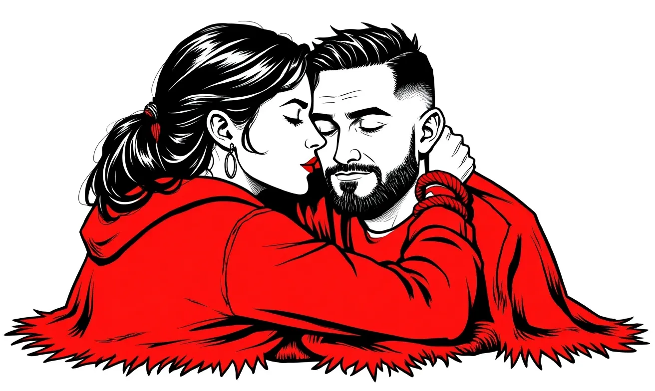 Black-and-white-and-red ink illustration of one partner wrapping the other gently in a soft red blanket after a scene — the architecture of aftercare made visible.
