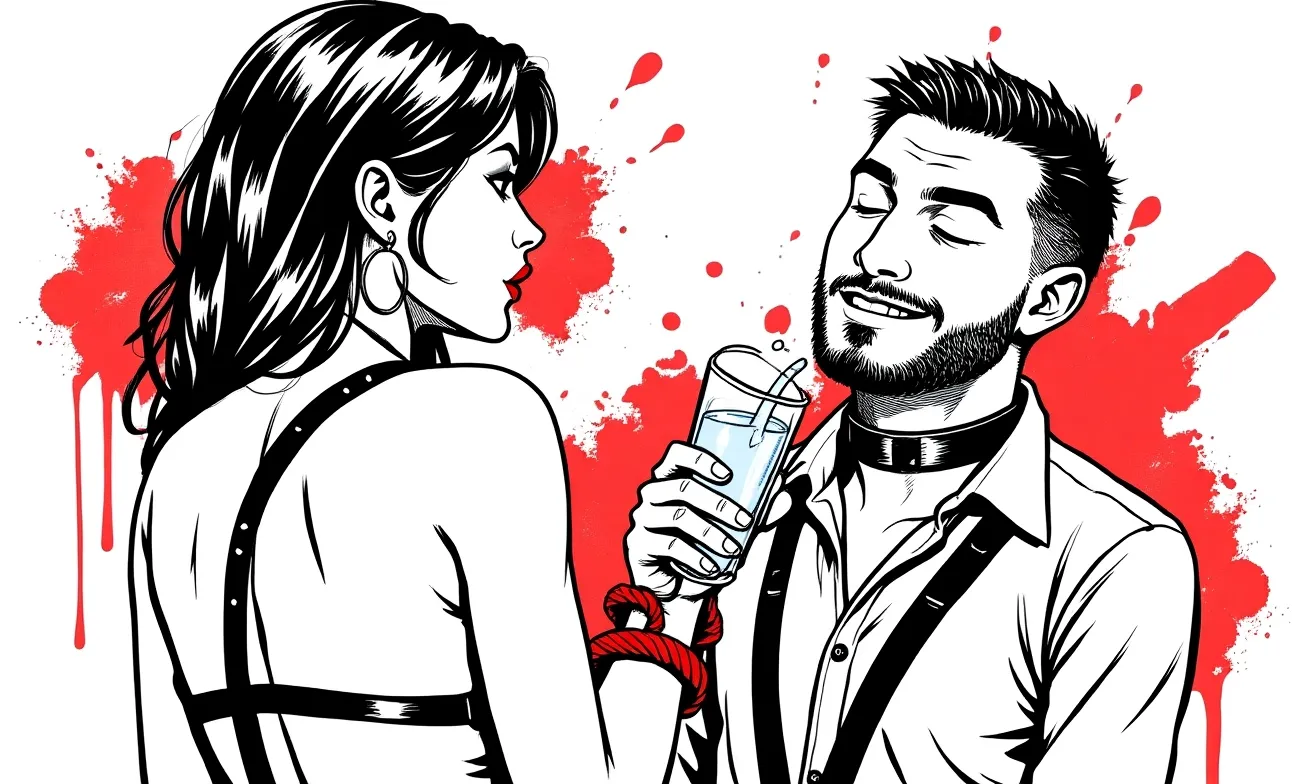 Black-and-white-and-red ink illustration of one partner handing water and a small snack to the other, whose hands are trembling slightly — the physical layer of aftercare.